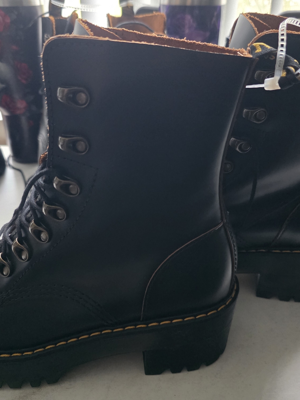 Dr. Martens Black Leather Lace-Up Platform Boots with Yellow Stitching - Picture 4 of 6